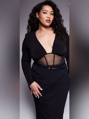 ASOS DESIGN Curve Long Sleeve Mesh Waist Plunge Maxi Dress